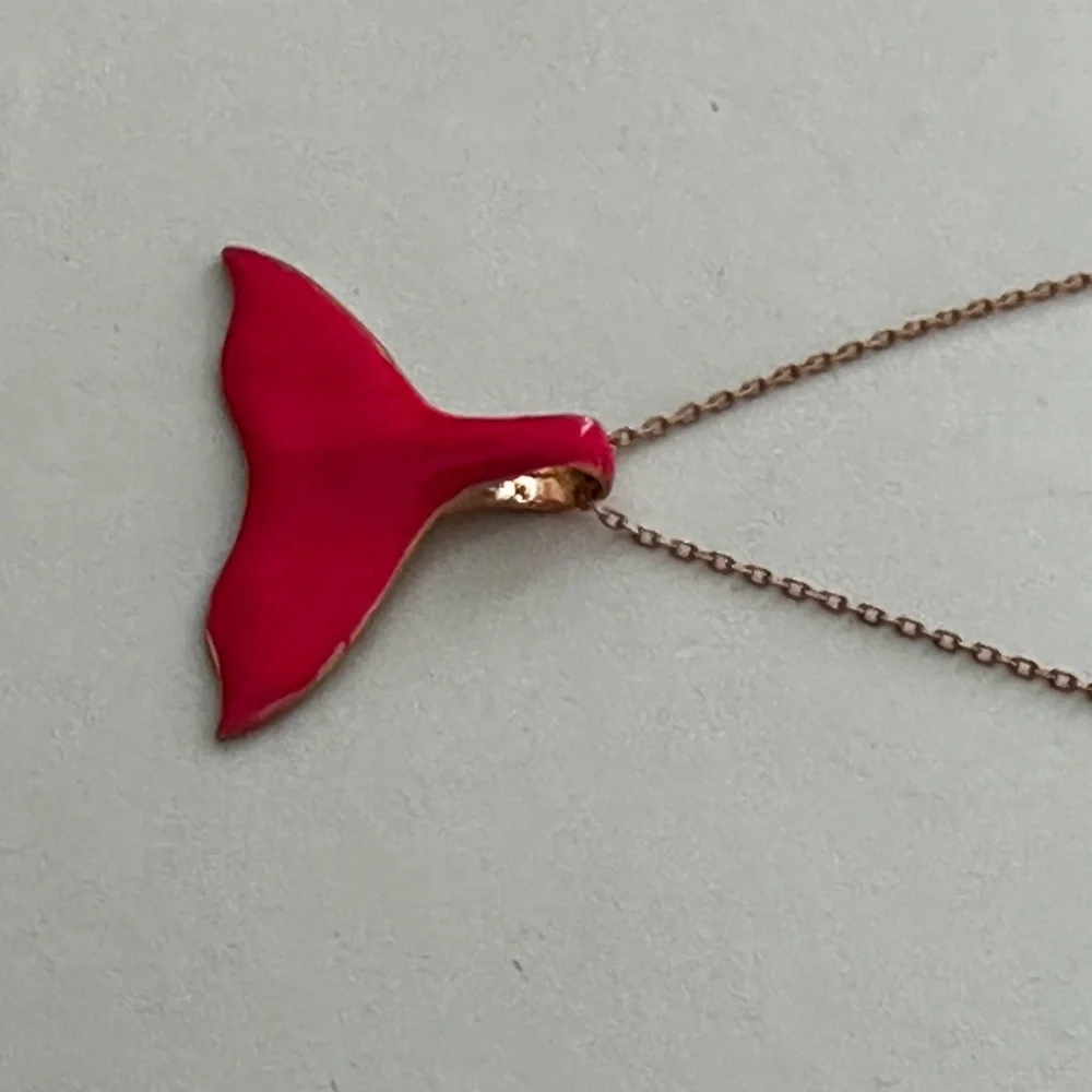 🧜‍♀️ 925 Silver necklace whale tail hand made pink color enamel